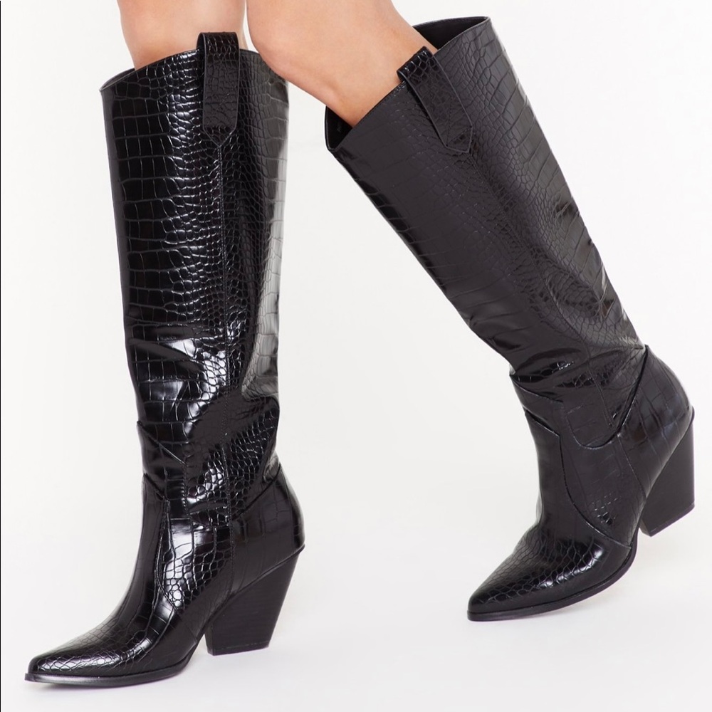 Nasty gal knee high black crocodile boots